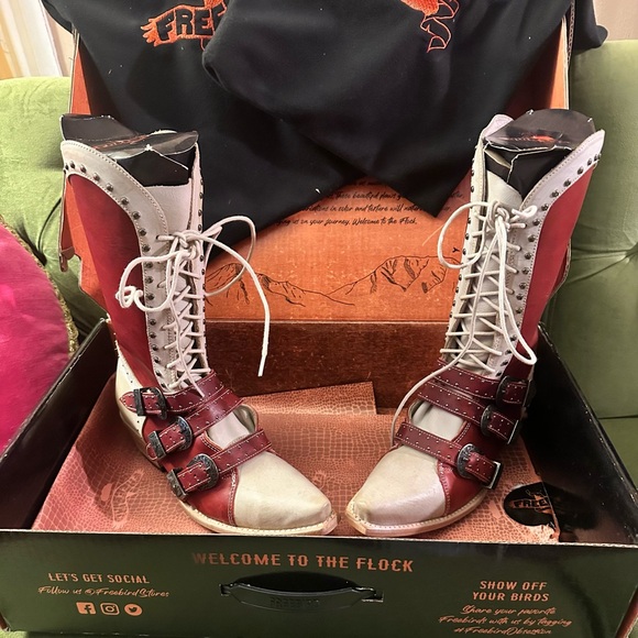 Freebird Red and Cream Lace Up Boots - Picture 2 of 11